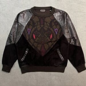 VTG SAXONY 90’s Leather Knitted Coogi Inspired Crewneck sweater men’s large
